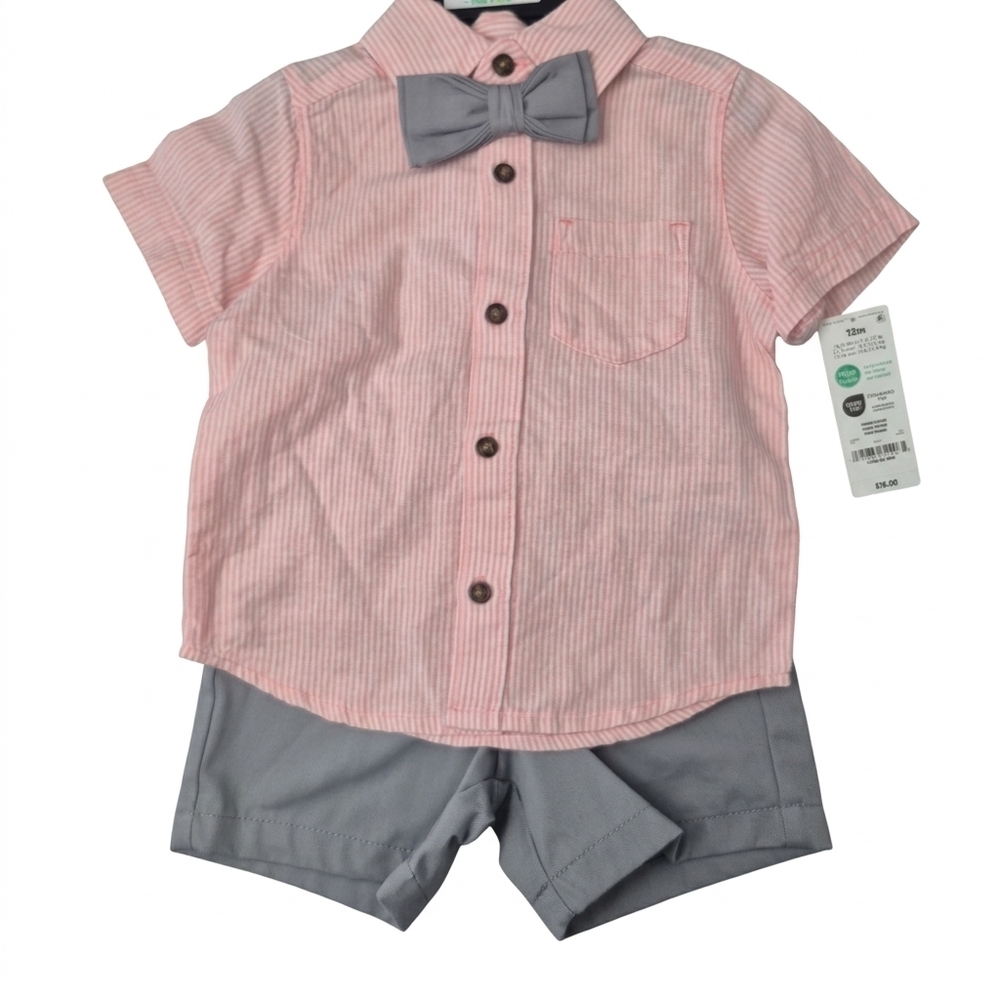 Carter’s NWT 3pc Baby Boy Linen Short Set Peach Pinstripe Bow Tie 12M